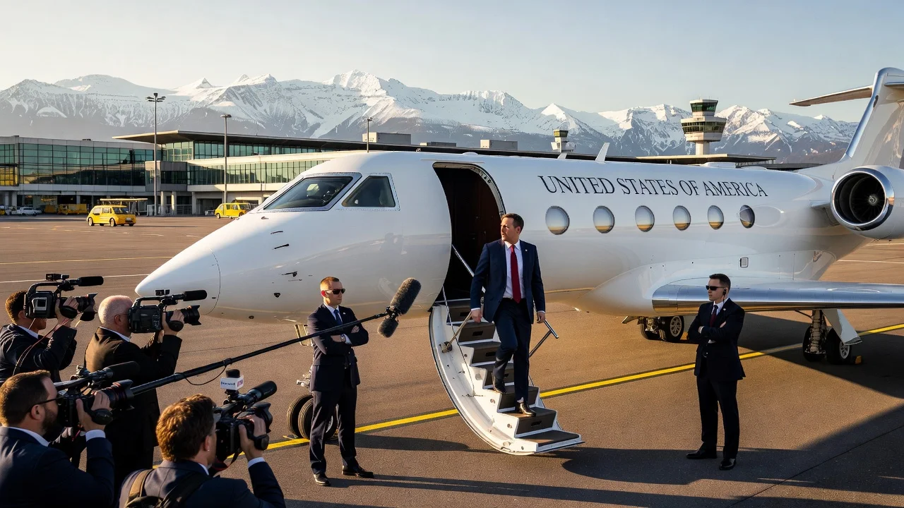 Illustration of VP JD Vance boarding a jet in Switzerland following U.S.-Iran nuclear talks, with Alps in the background.