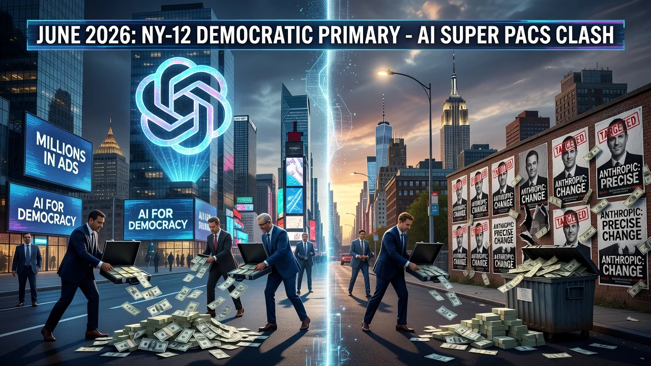 Illustration of AI super PACs clashing in New York Democratic primary race.