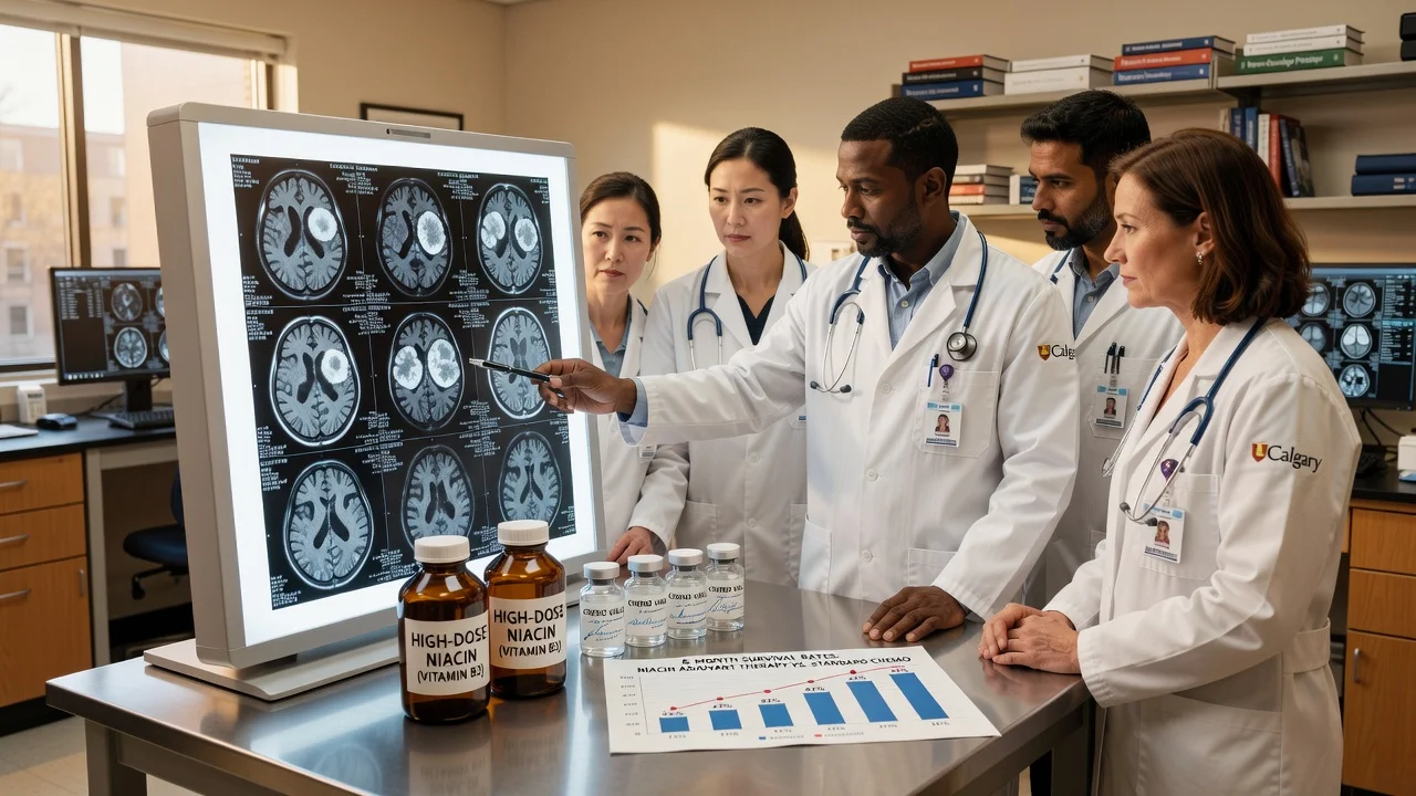 Medical researchers at University of Calgary reviewing glioblastoma scans alongside niacin supplements for a clinical trial illustration.