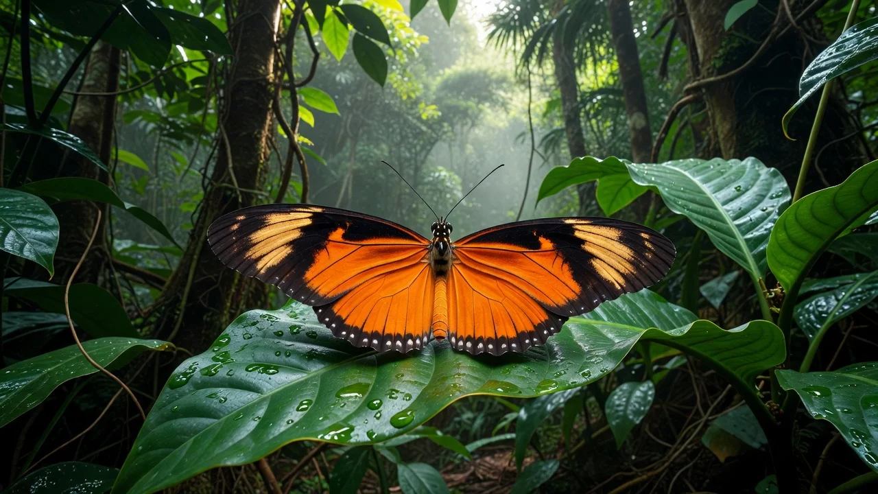 Realistic close-up of a vibrant Heliconius butterfly on a leaf in a rainforest, symbolizing longevity.