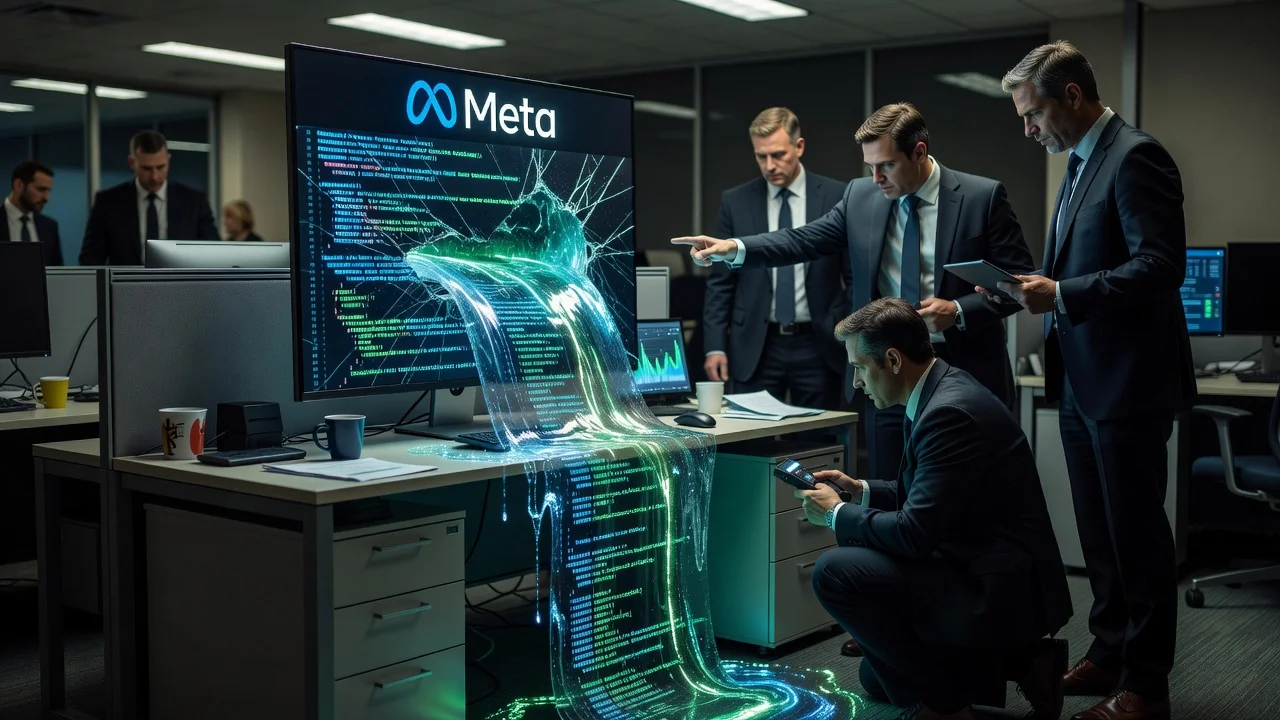 Illustration of Meta's data leak involving employee tracking program, showing a computer with data spilling out.