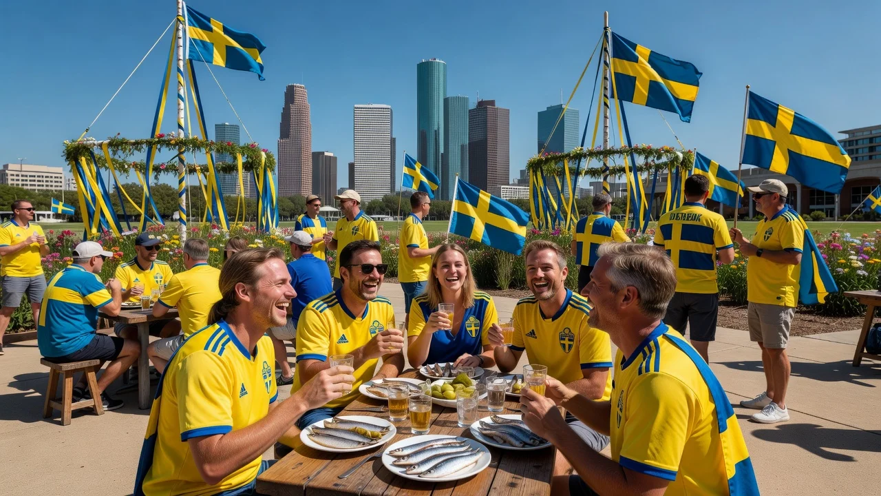 Swedish fans celebrating Midsummer with herring and snaps in Houston ahead of World Cup.