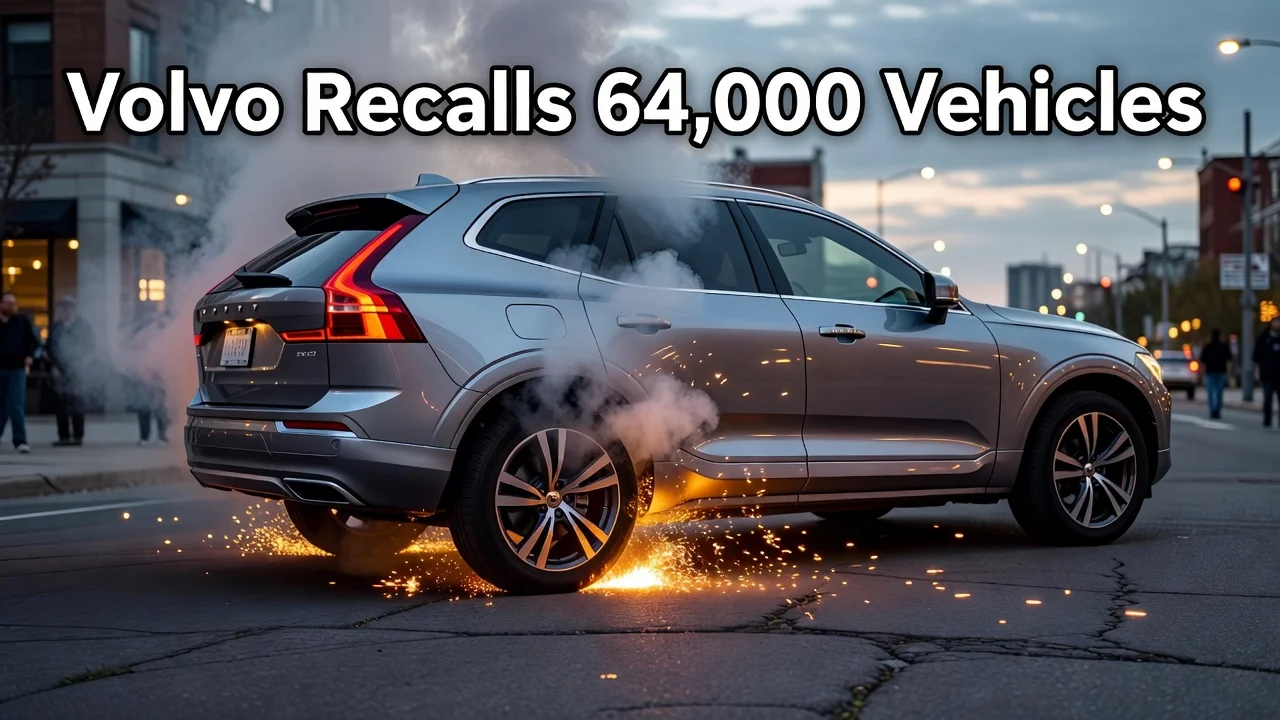 Illustration of a Volvo plug-in hybrid vehicle with battery fire risk, related to the recall of 64,000 cars.