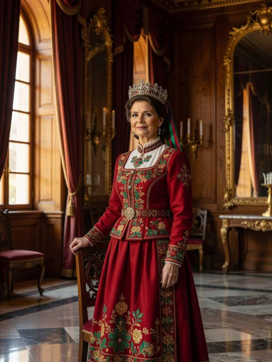 Queen Silvia in traditional Swedish folk attire celebrating 50 years as queen.