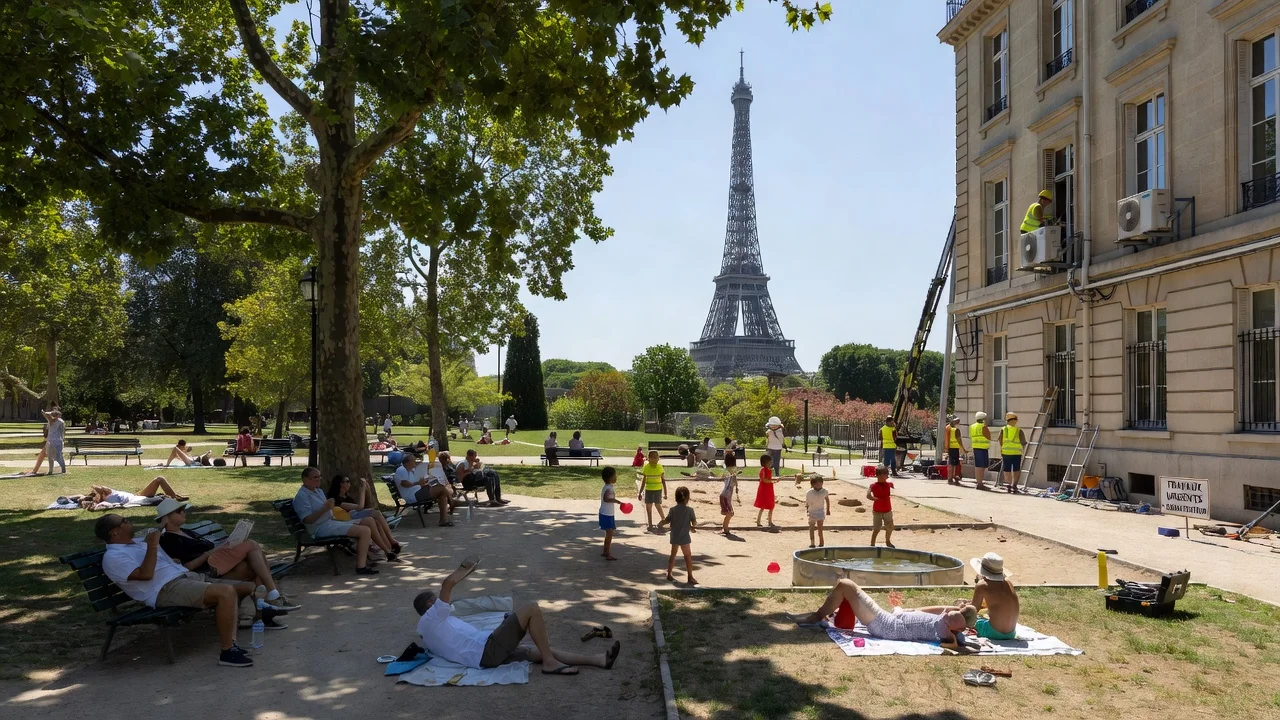 Illustration showing open parks in Paris and air conditioners being installed in schools due to heatwave.