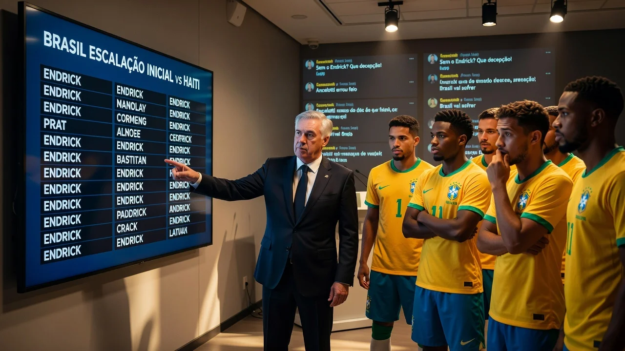 Carlo Ancelotti announcing Brazil's lineup without Endrick against Haiti, with social media criticism depicted.