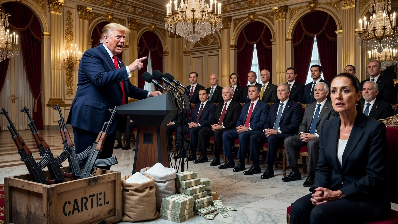 Donald Trump speaking at G7 summit about cartels controlling Mexico, with illustration elements of Sheinbaum and cartels.