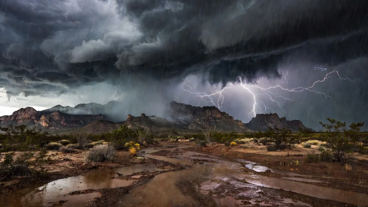 Heavy rains from cold front in northern Mexico, dark clouds and downpour over desert landscape.