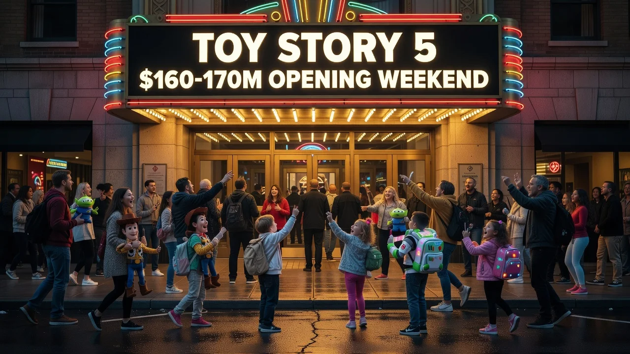 Illustration of a crowded movie theater promoting Toy Story 5's record opening weekend earnings.