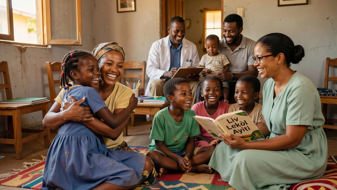 Illustration of Haitian children reunited with their families, receiving education and health services.