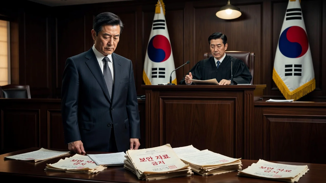 Courtroom scene of former Defense Minister Kim Yong-hyun being sentenced for leaking military secrets