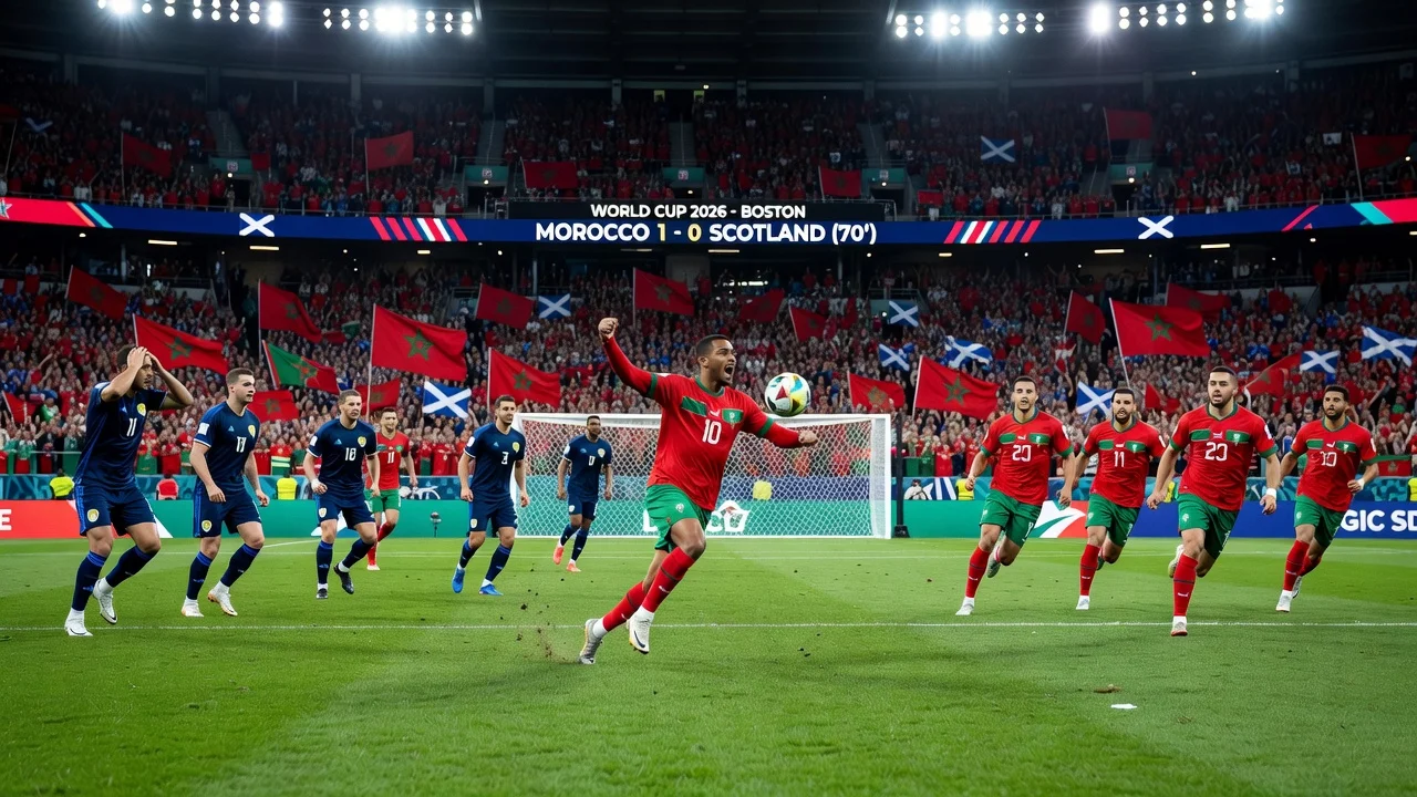Moroccan player Ismael Saibari scoring early goal against Scotland in 2026 World Cup match in Boston.
