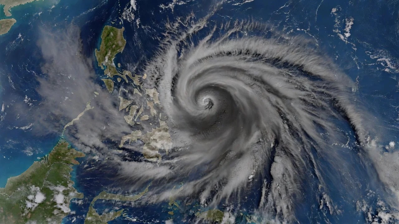Satellite image of Tropical Storm Mekkhala approaching the Philippines with swirling clouds and rain bands