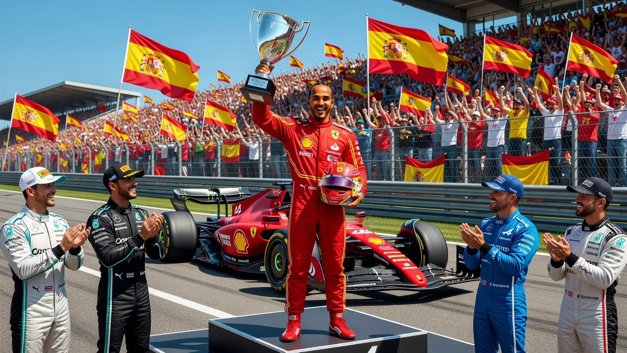 Lewis Hamilton on the podium celebrating his first Grand Prix win for Ferrari in Barcelona.