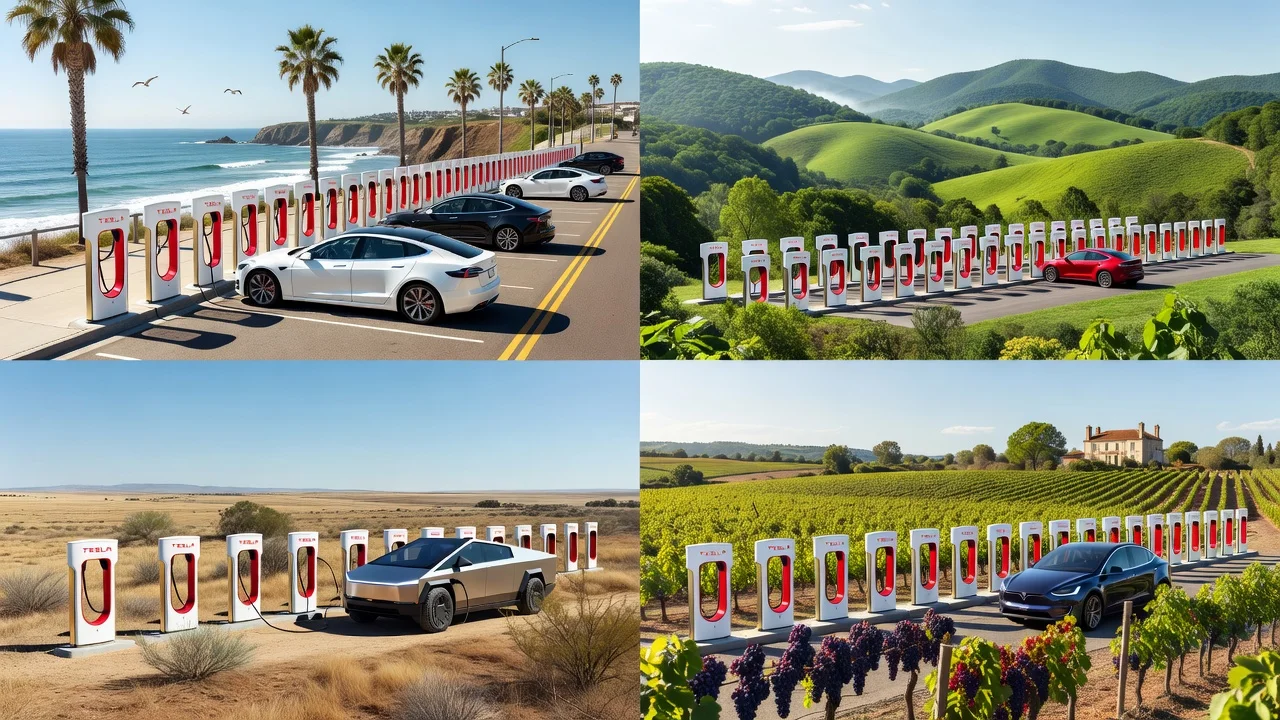 Illustration of Tesla's new Supercharger stations across four locations with electric vehicles charging at the stalls.