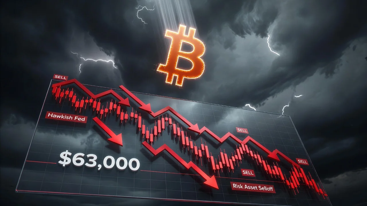 Bitcoin price falling below 63000 on a market chart amid selloff