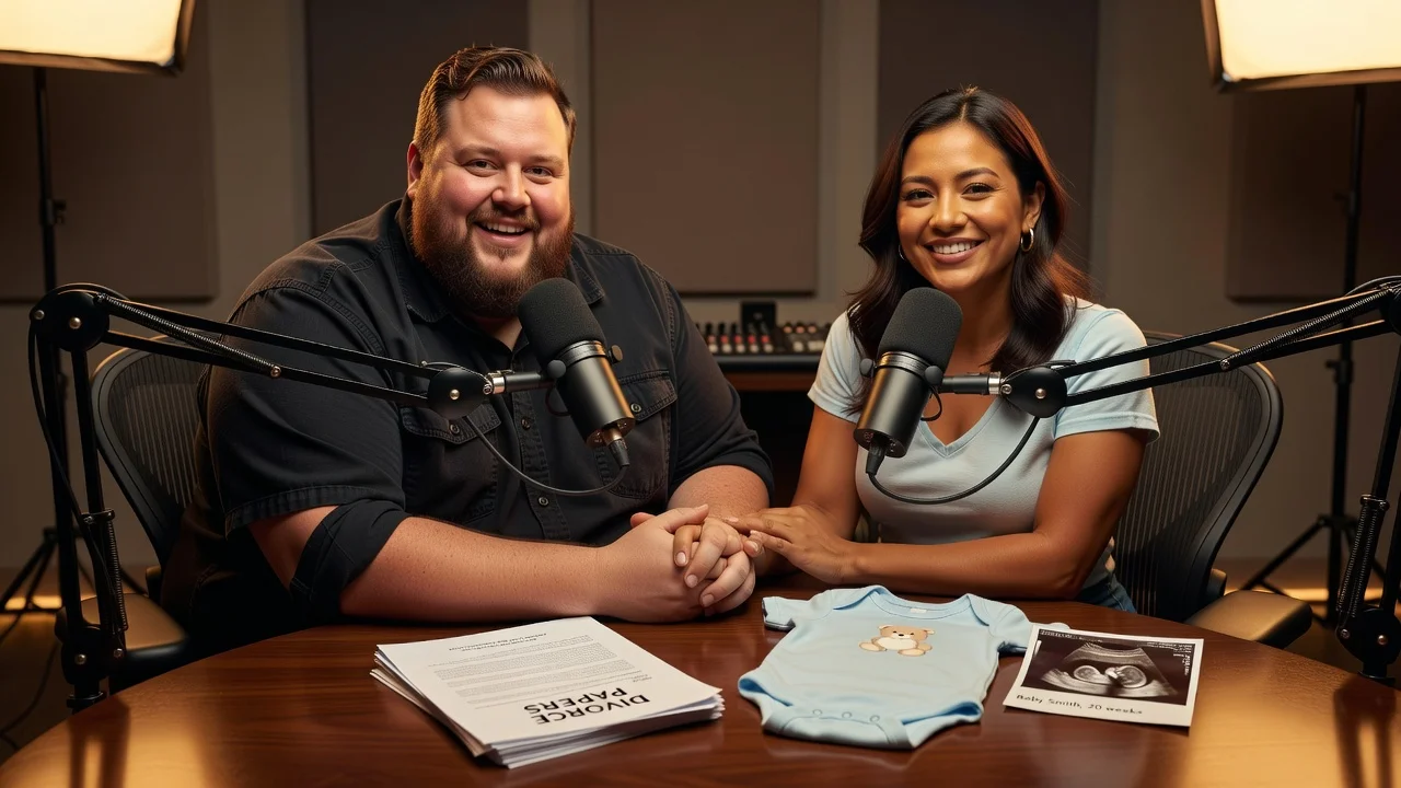 Jelly Roll and Bunnie XO smiling together at a podcast table with divorce papers and baby items, illustrating their amicable split.