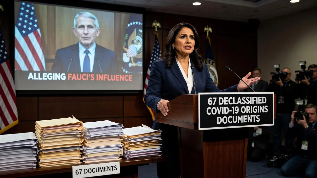 Illustration of Tulsi Gabbard presenting declassified documents on COVID origins involving Fauci.