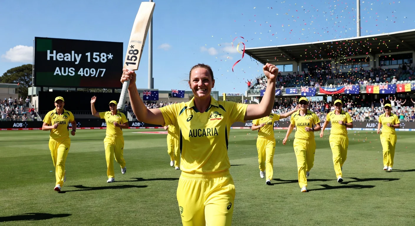 Alyssa Healy celebrates her 158-run knock in farewell ODI as Australia crushes India by 185 runs.
