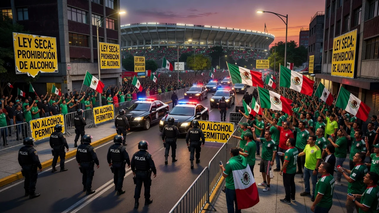 Police officers securing streets in Mexico City for a soccer match under dry law enforcement.