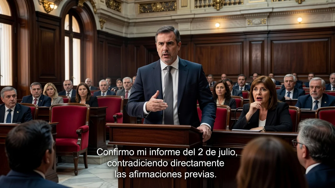 Manuel Adorni speaking in the Senate, with Patricia Bullrich reacting to the contradiction about the report date.