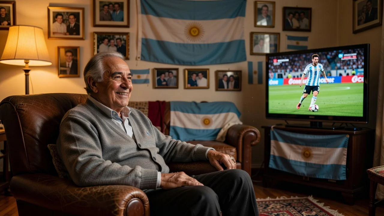 Elderly Carlos Bilardo smiling at Messi on TV during Argentina match