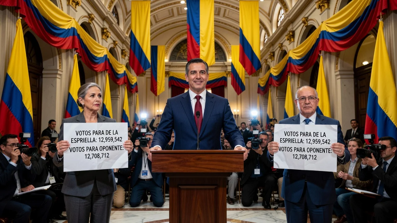 Illustration of Abelardo De la Espriella's presidential election victory confirmation in Colombia.