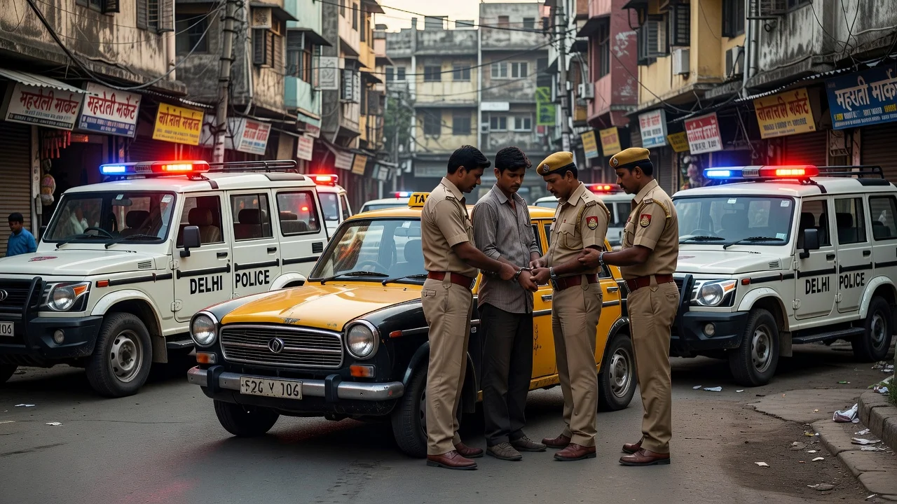 Realistic illustration of police arresting a cab driver in Delhi for a news article.
