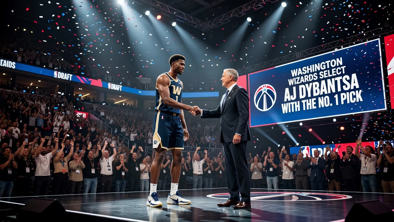 Washington Wizards selecting AJ Dybantsa as the top pick in the 2026 NBA Draft on stage.