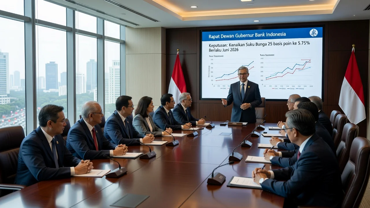 News illustration of Bank Indonesia raising the BI Rate to 5.75 percent during a board meeting.