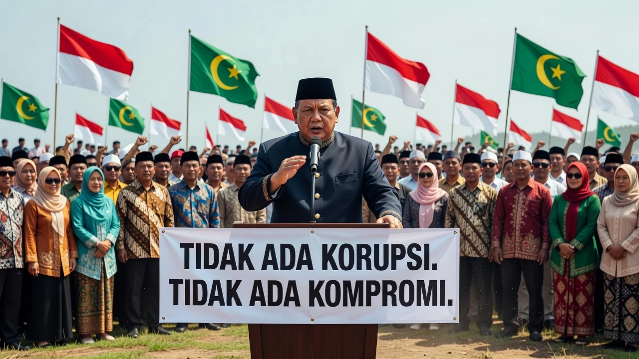 President Prabowo Subianto speaking at a Nahdlatul Ulama event, emphasizing anti-corruption efforts.