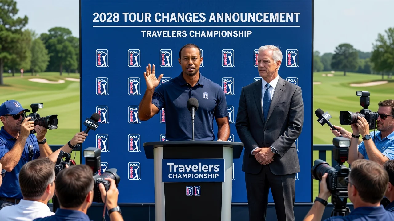 Tiger Woods and PGA Tour CEO at a podium announcing tour changes at the Travelers Championship.
