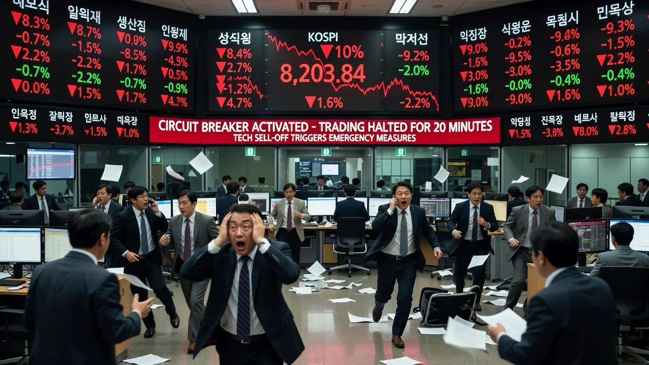 Illustration of South Korean stock market plunge with falling KOSPI index and panicked traders.