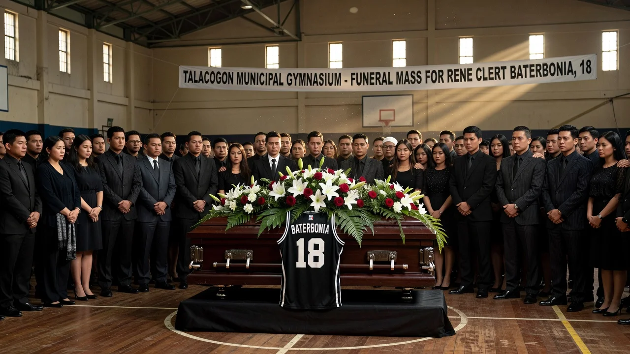 Somber funeral scene for young basketball player in gymnasium with mourners and flowers.