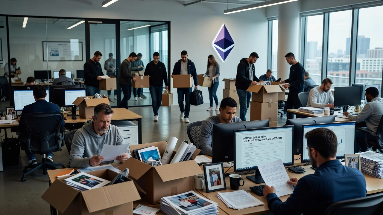 Illustration of Ethereum Foundation staff reductions showing employees leaving the office amid restructuring.