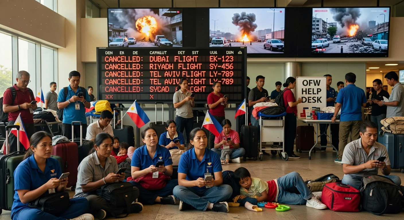 Stranded Filipino workers anxiously wait at Manila airport amid Middle East flight cancellations and Israel airstrike news.
