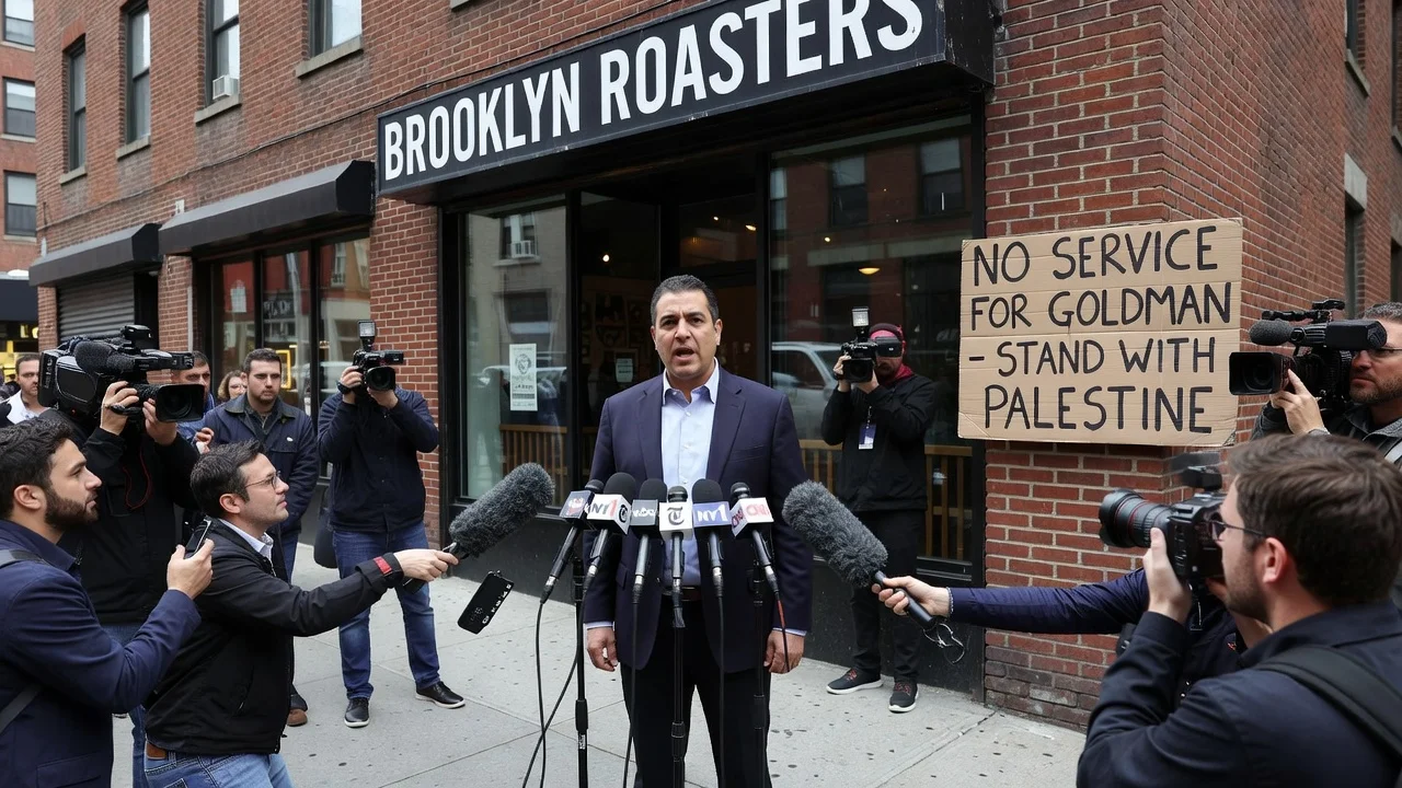 Mayor Zohran Mamdani addressing media outside the controversial Brooklyn coffee shop regarding the incident with Rep. Dan Goldman.