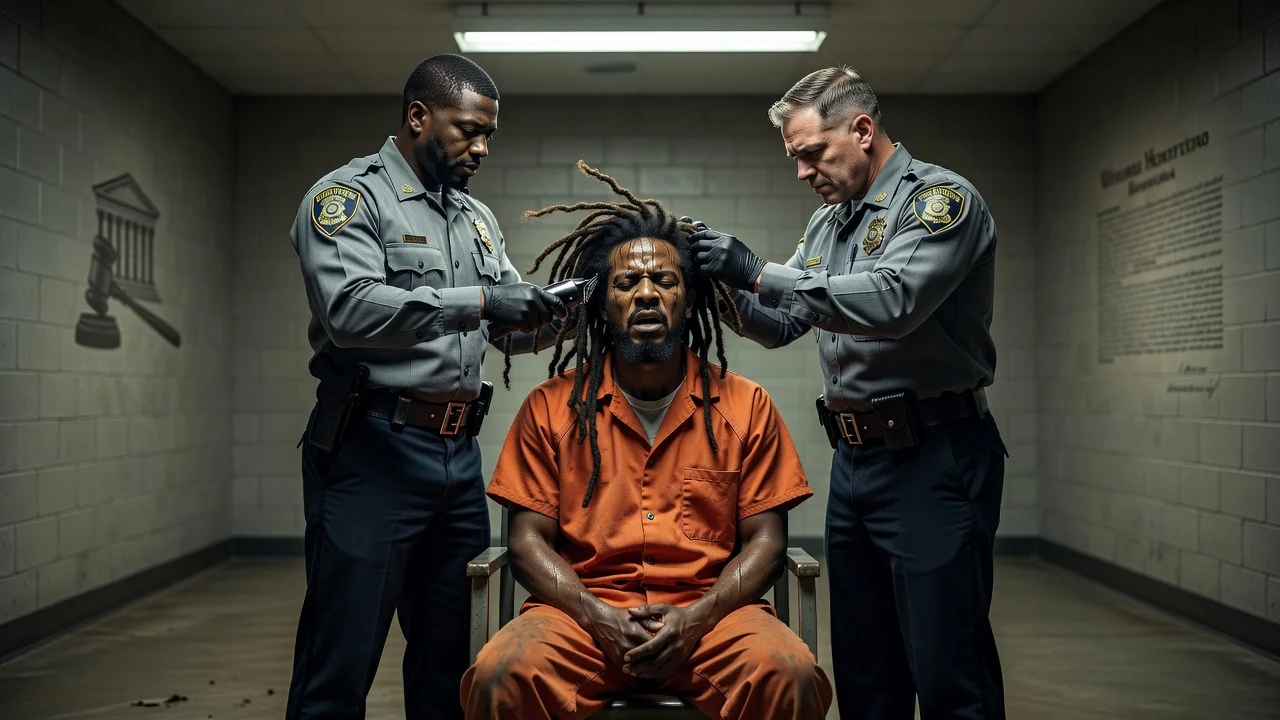 Photorealistic image of prison guards shaving a Rastafarian inmate's dreadlocks, illustrating a Supreme Court case on religious rights in prisons.