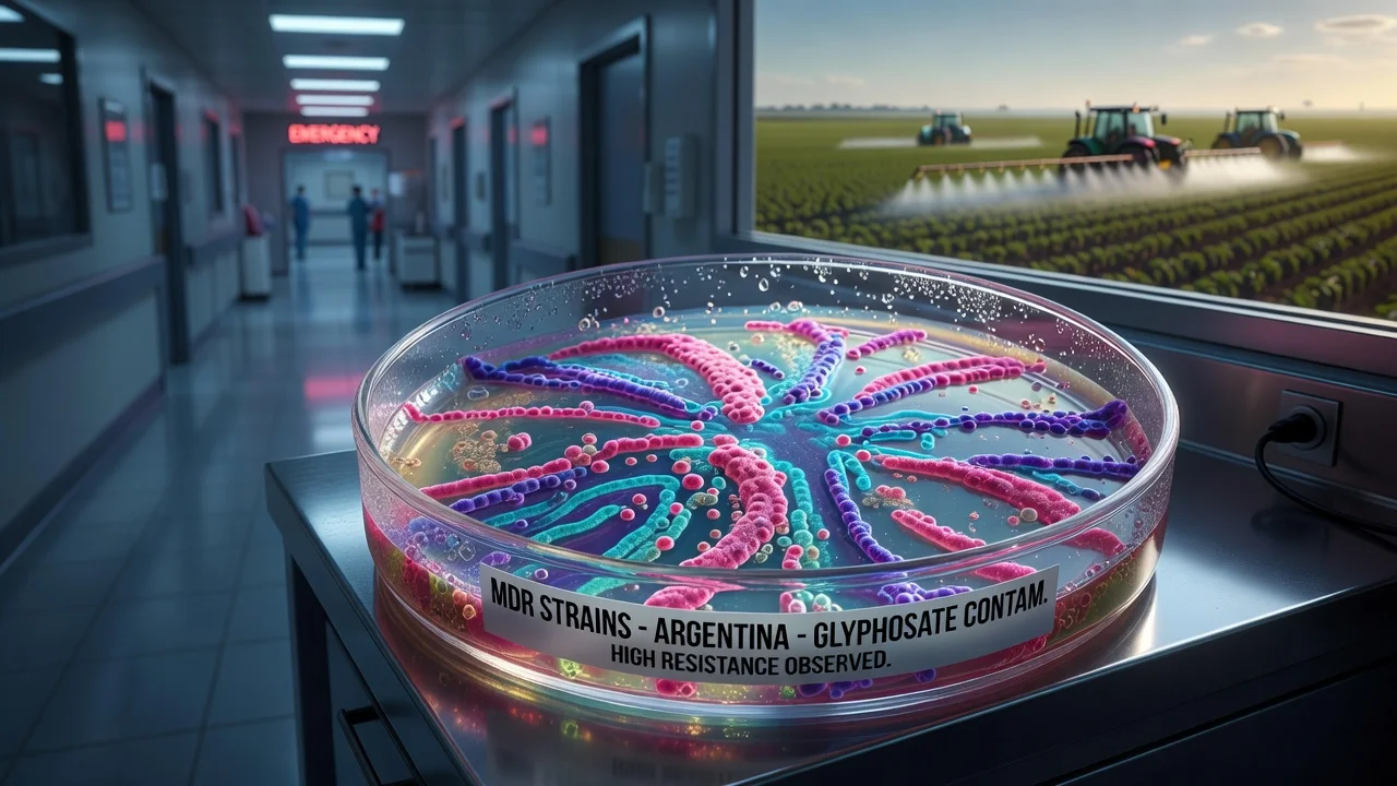 Illustration of resistant bacteria in a petri dish with glyphosate, hospital and field background
