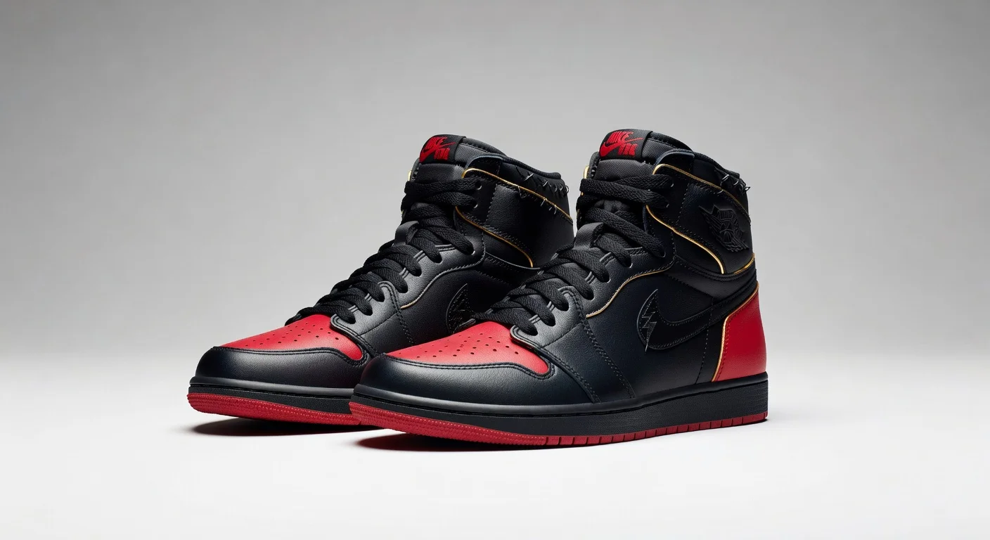 Close-up realistic photo of Union x Fragment x Air Jordan 1 High OG Black/Varsity Red sneakers showcasing collaboration details like thunderbolt logo and Frankenstein collar.