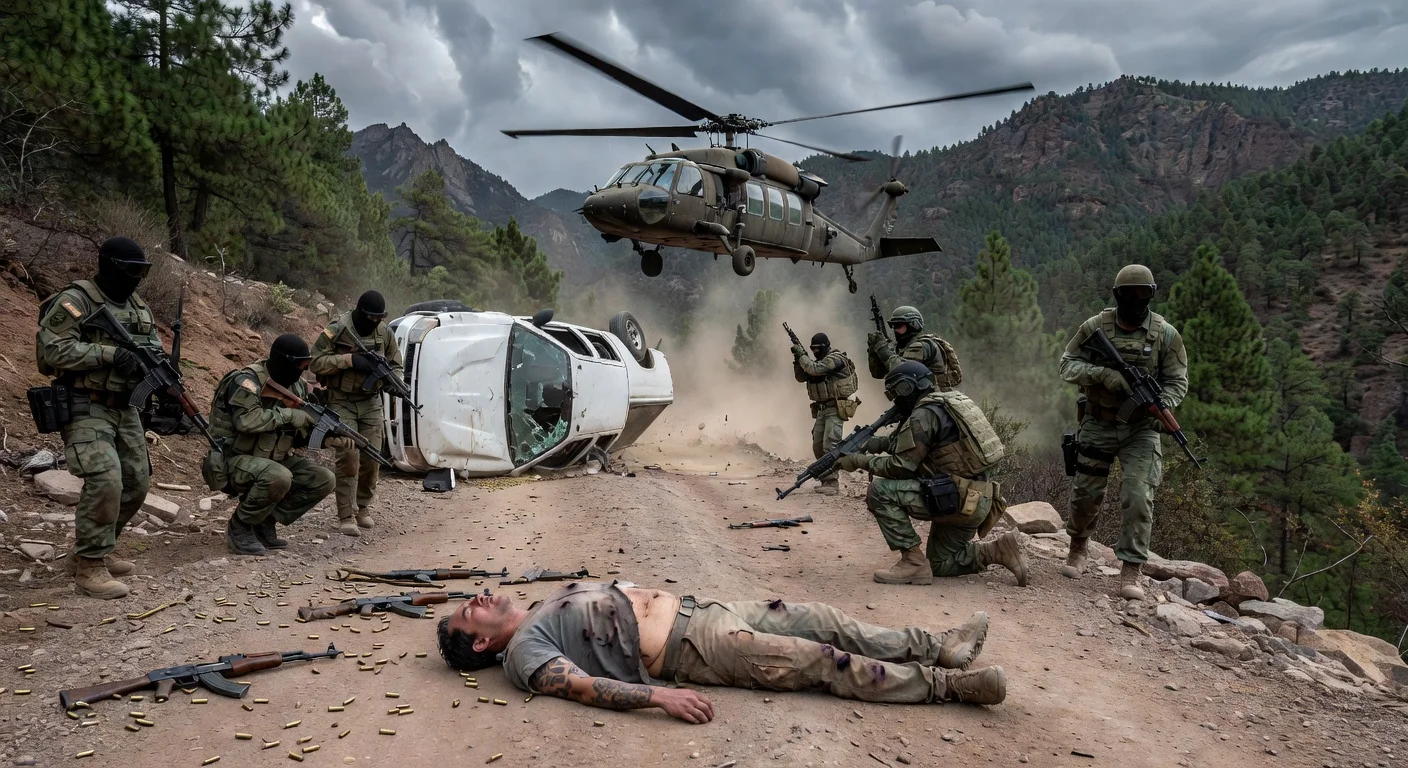 Dramatic illustration of CJNG leader El Mencho fatally wounded during a Mexican military operation in Jalisco mountains.