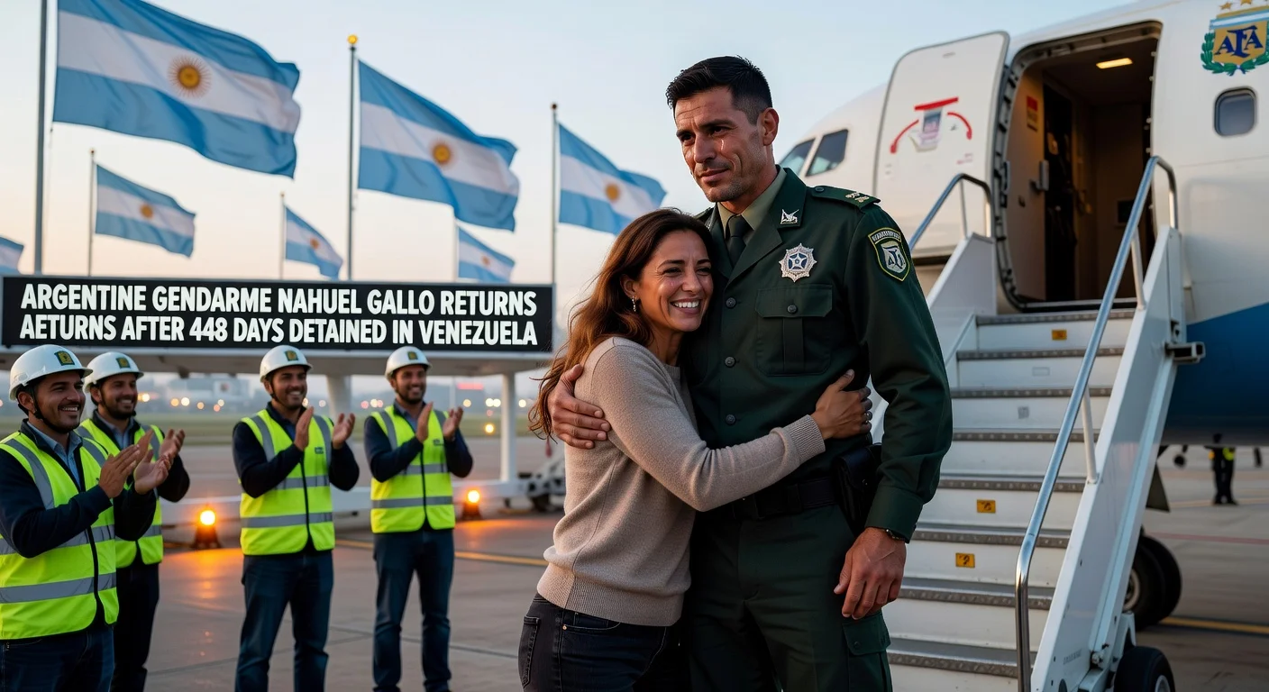 Emotional reunion of Argentine gendarme Nahuel Gallo with his wife upon his release and return from Venezuela at Ezeiza airport.