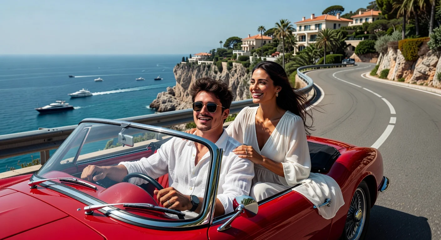 Charles Leclerc and Alexandra Saint Mleux joyfully driving a vintage Ferrari on Monaco's coast, hinting at a secret wedding.