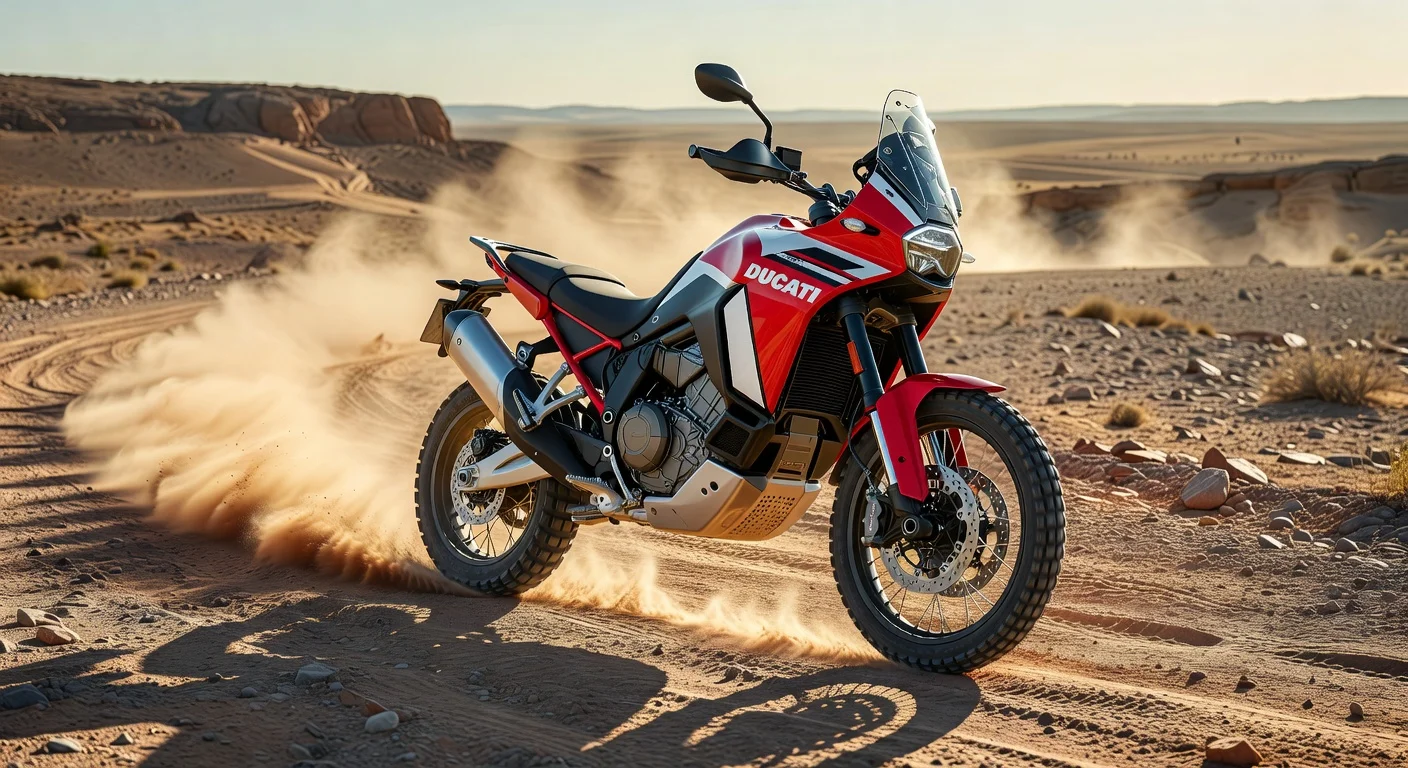 2026 Ducati DesertX second-generation adventure bike in action on a desert trail, showcasing lighter engine and new chassis for off-road performance.