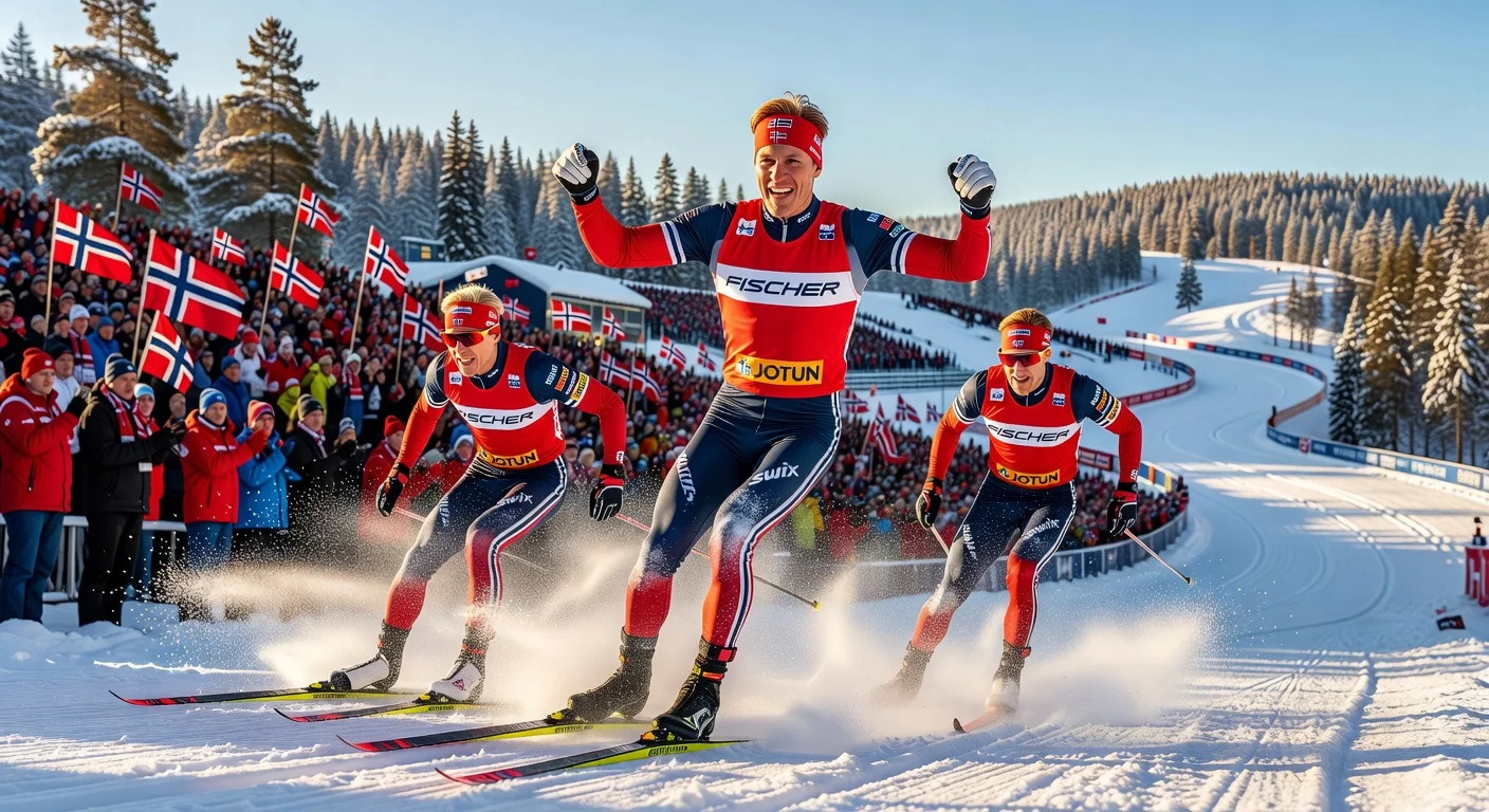 Johannes Klaebo leads Norwegian podium sweep crossing the finish line in the Falun skiathlon World Cup.