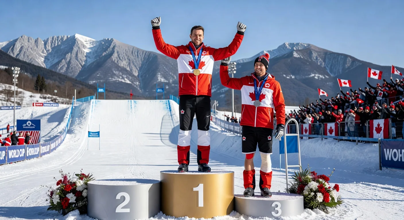 Reece Howden celebrates ski cross gold medal win on podium, dedicating it to injured retiring teammate Kevin Drury at Kopaonik World Cup.