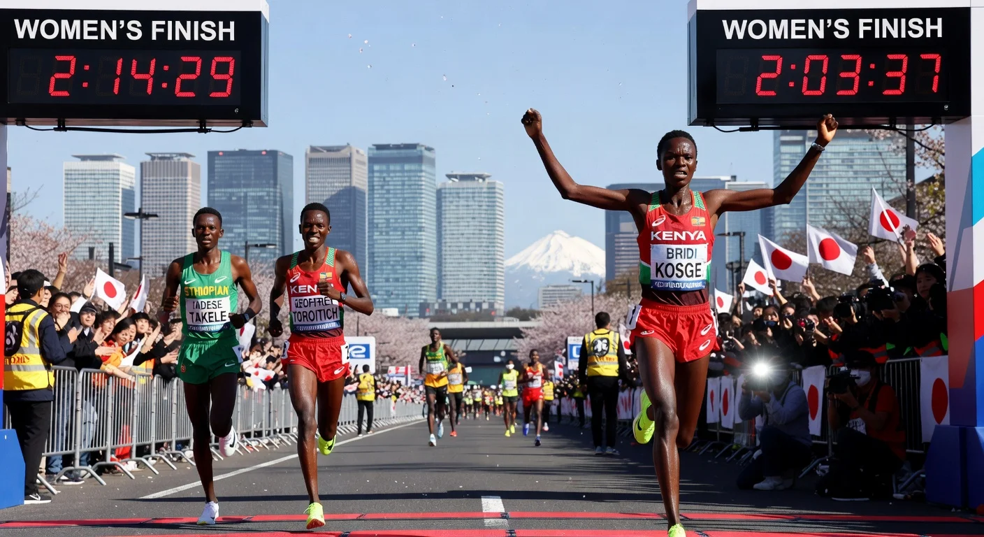 Brigid Kosgei sets course record and Tadese Takele defends title in thrilling 2026 Tokyo Marathon finish line photo.