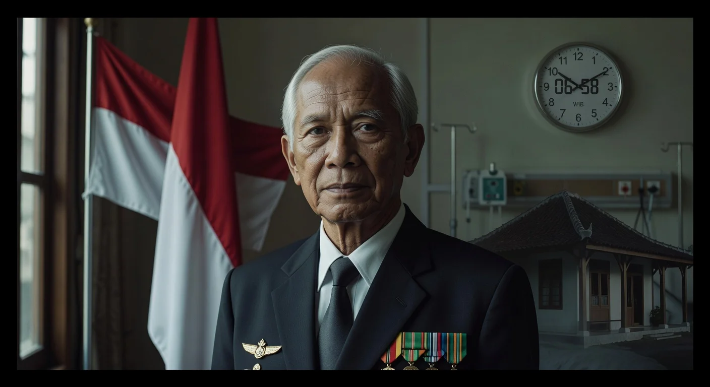 Dignified photorealistic portrait of former Indonesian VP Try Sutrisno for news obituary illustration.