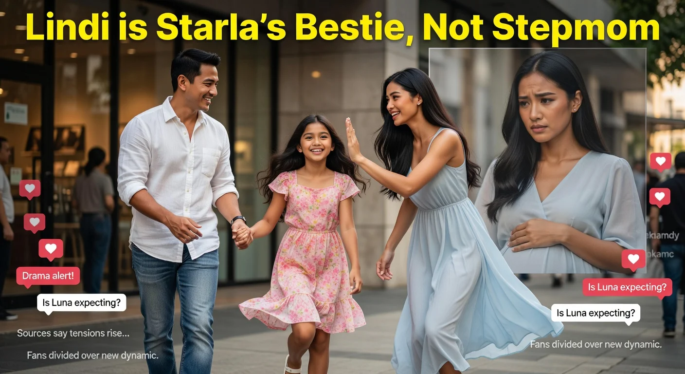 Tabloid illustration of singer Virgoun with daughter Starla and friend Lindi, amid ex Luna's pregnancy suspicions and breakup drama.