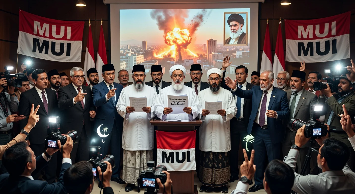 Indonesian clerics and politicians at a Jakarta press conference condemning US-Israel attack on Iran, with flags, banners, and dramatic imagery.